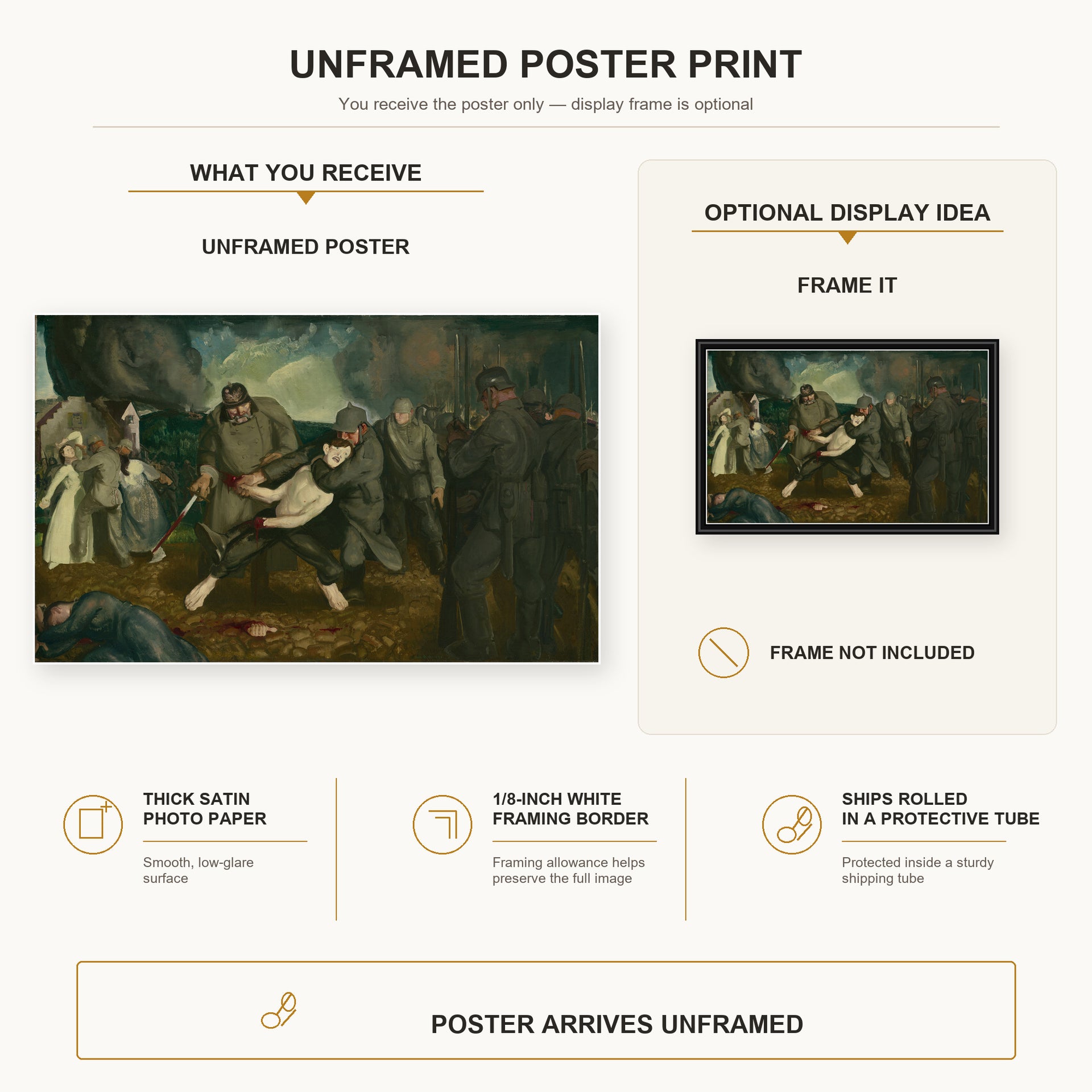George Bellows - The Germans Arrive poster print size comparison and framing display infographic