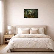 Unframed poster print of George Bellows's The Germans Arrive displayed on a wall in a bedroom