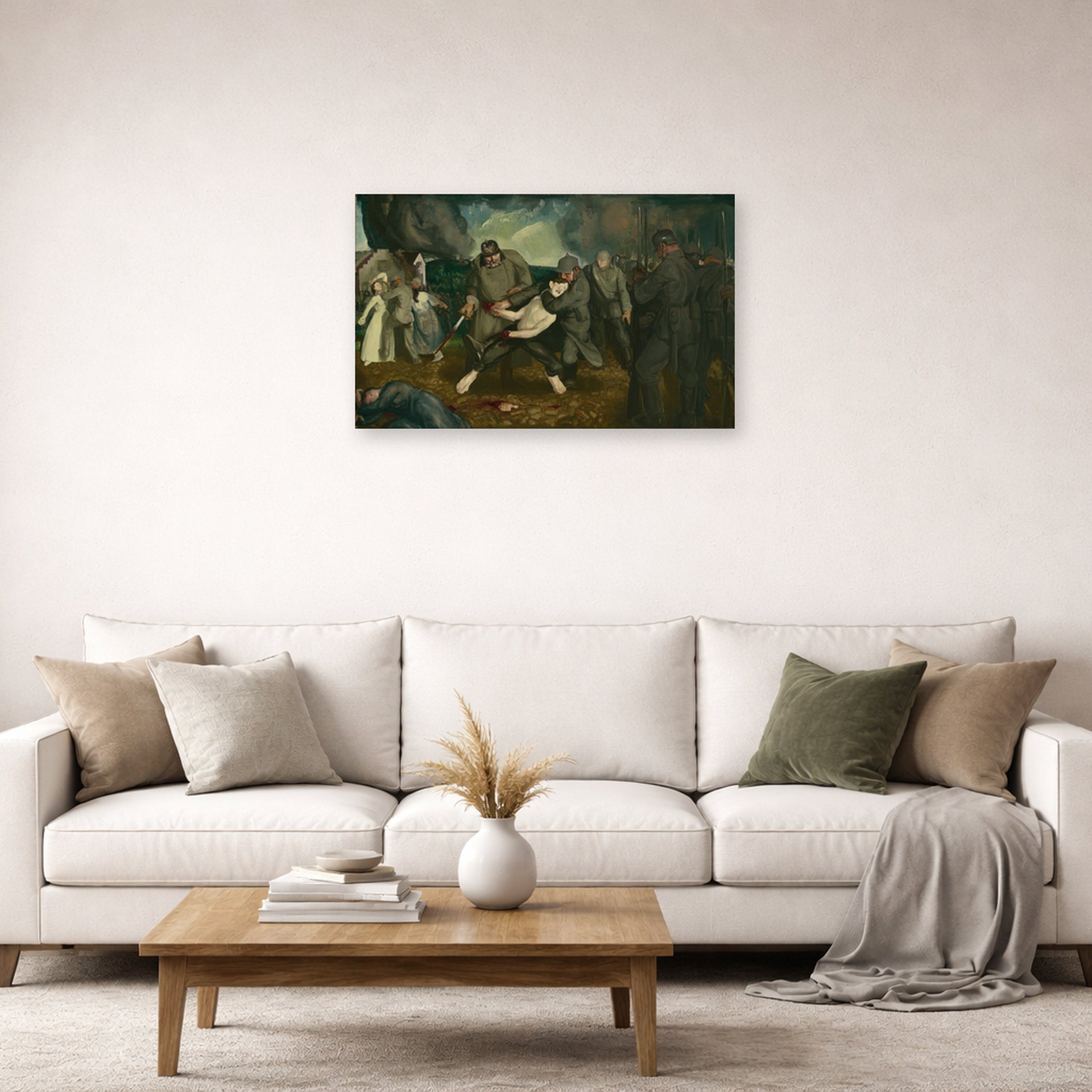 Unframed poster print of George Bellows's The Germans Arrive displayed on a wall in a living room