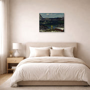 Gallery-wrapped canvas print of George Bellows's The Harbor, Monhegan Coast, Maine displayed on a wall in a bedroom