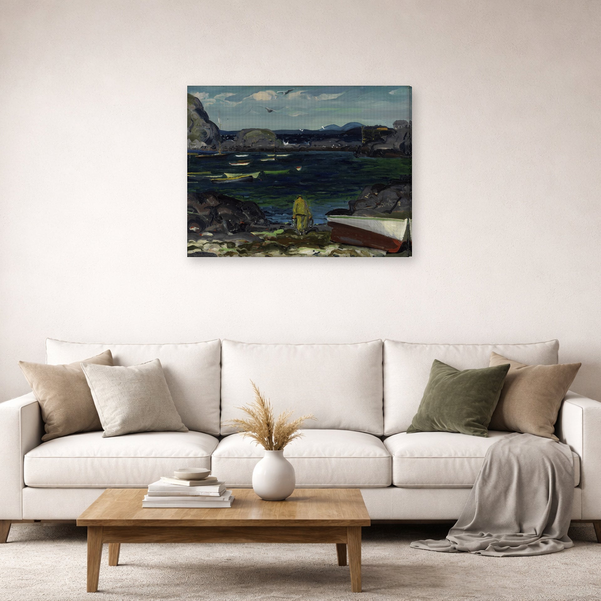 Gallery-wrapped canvas print of George Bellows's The Harbor, Monhegan Coast, Maine displayed on a wall in a living room