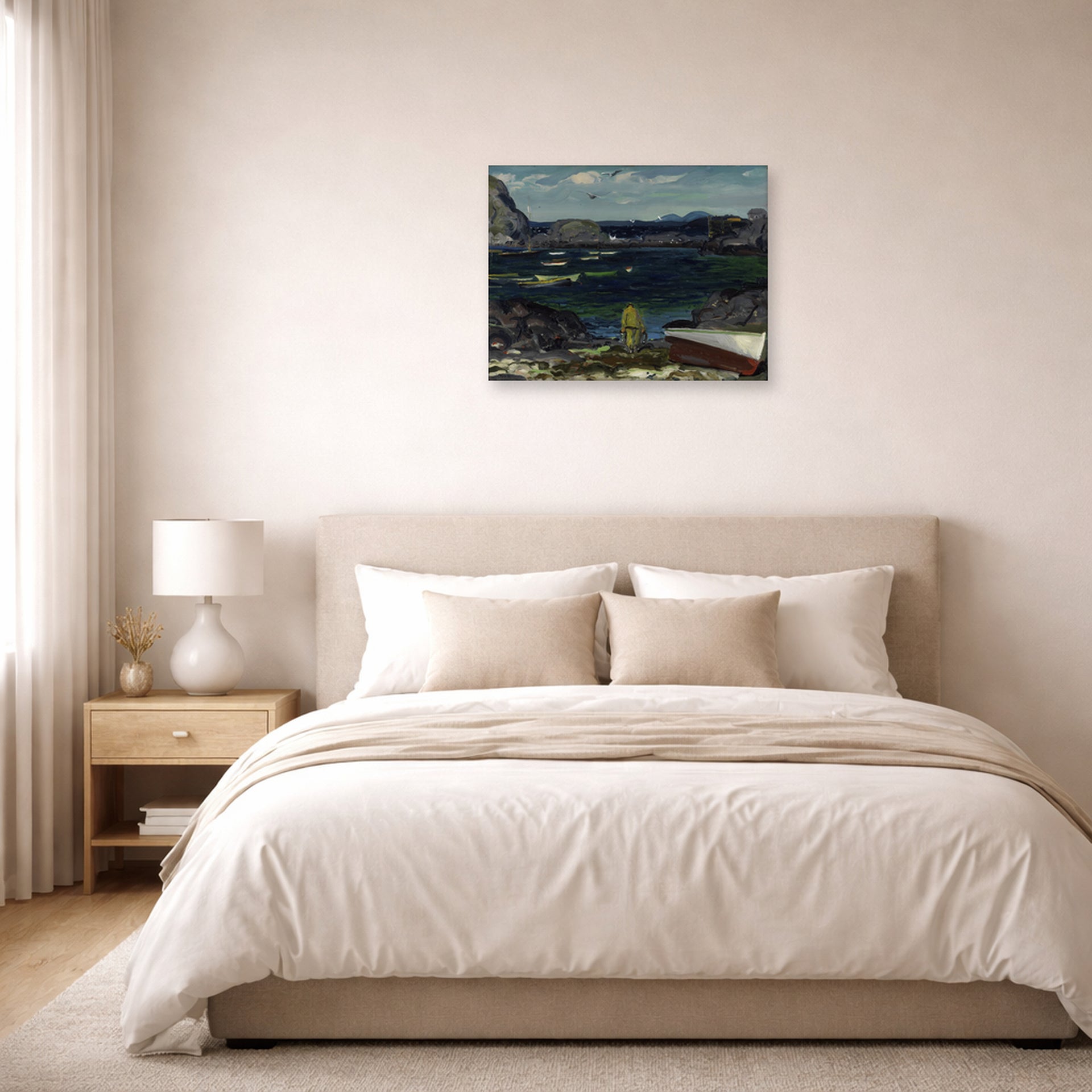 Unframed poster print of George Bellows's The Harbor, Monhegan Coast, Maine displayed on a wall in a bedroom