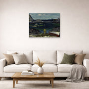 Unframed poster print of George Bellows's The Harbor, Monhegan Coast, Maine displayed on a wall in a living room