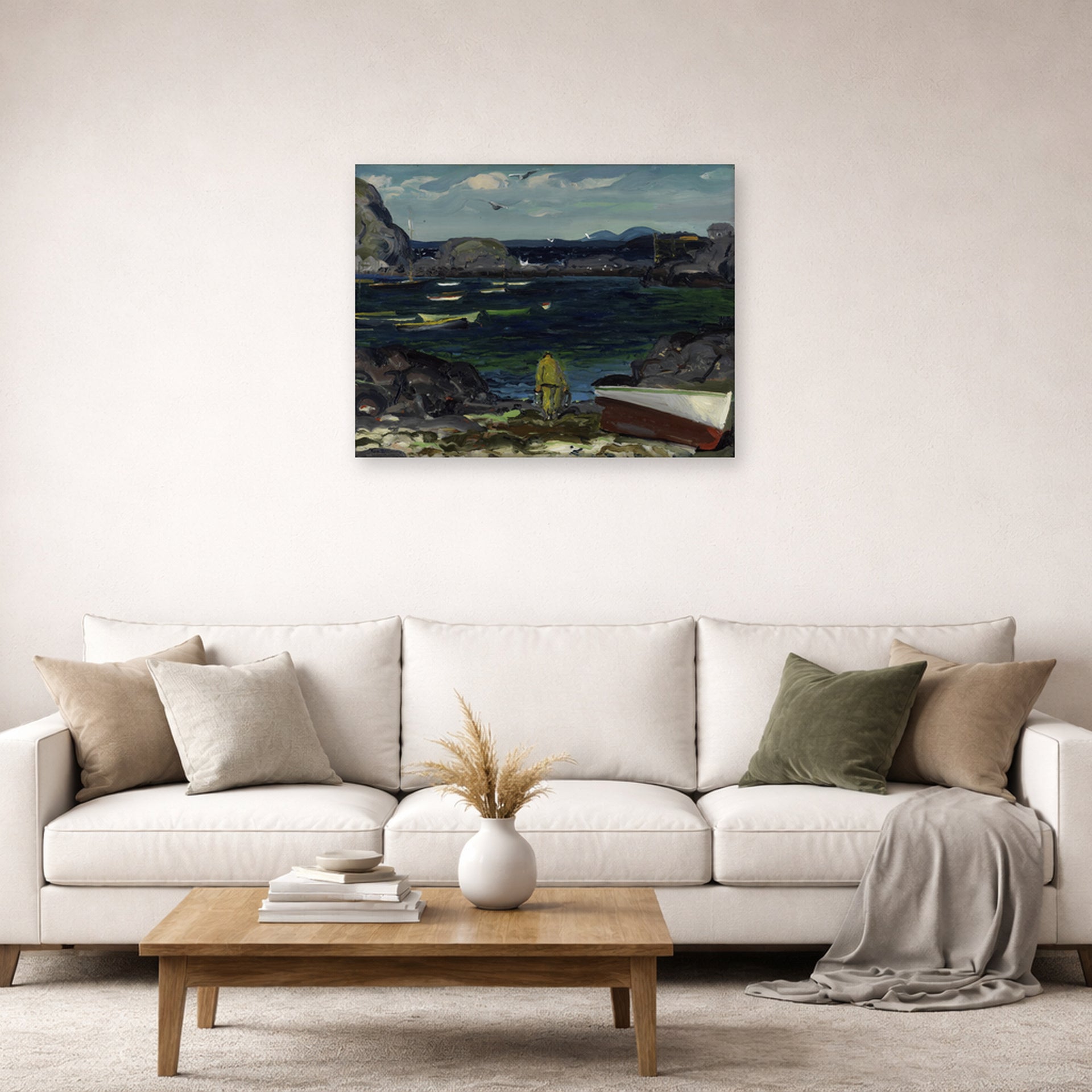 Unframed poster print of George Bellows's The Harbor, Monhegan Coast, Maine displayed on a wall in a living room