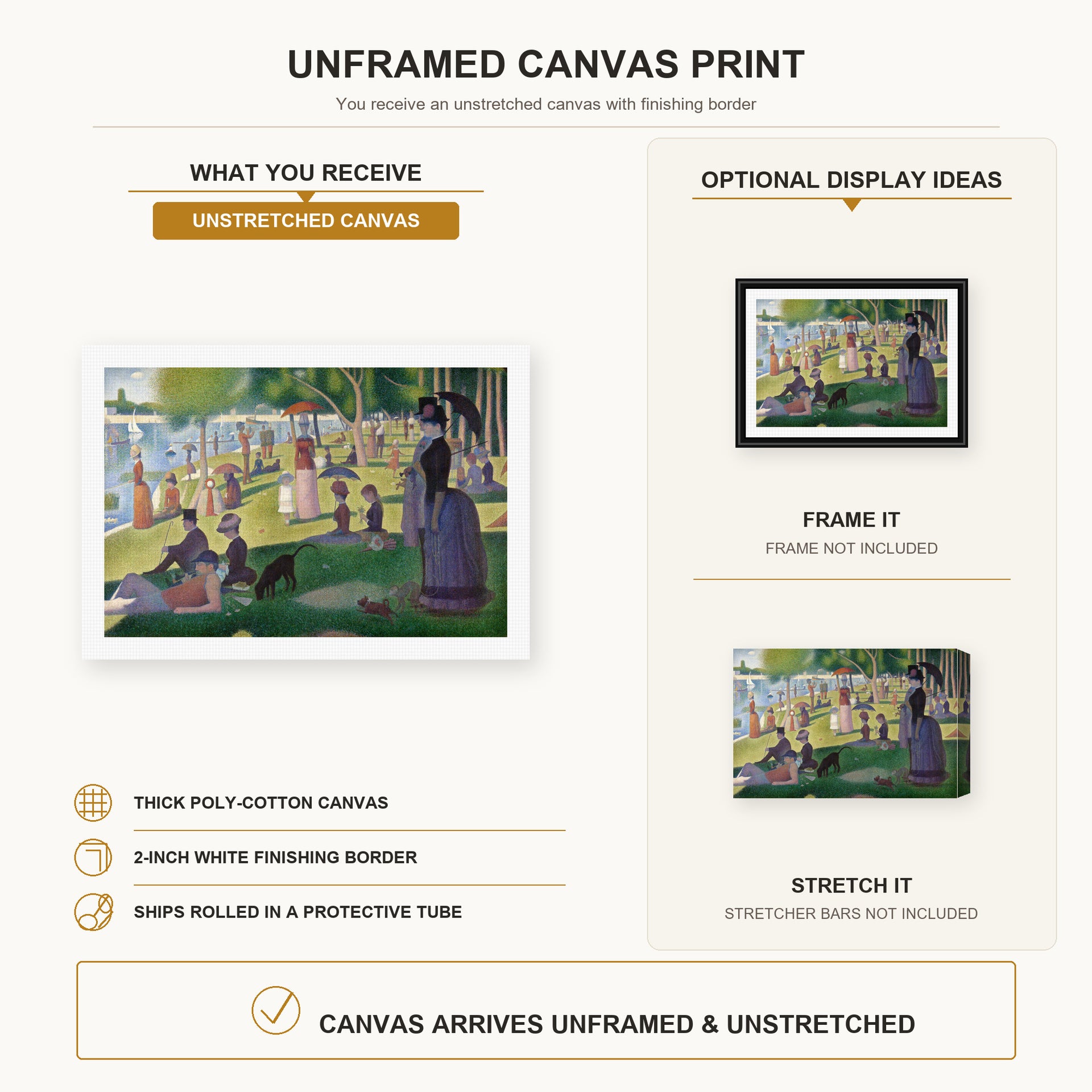 Georges Seurat - A Sunday on La Grande Jatte canvas print size comparison and framing display infographic