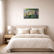 Gallery-wrapped canvas print of Georges Seurat's A Sunday on La Grande Jatte displayed on a wall in a bedroom