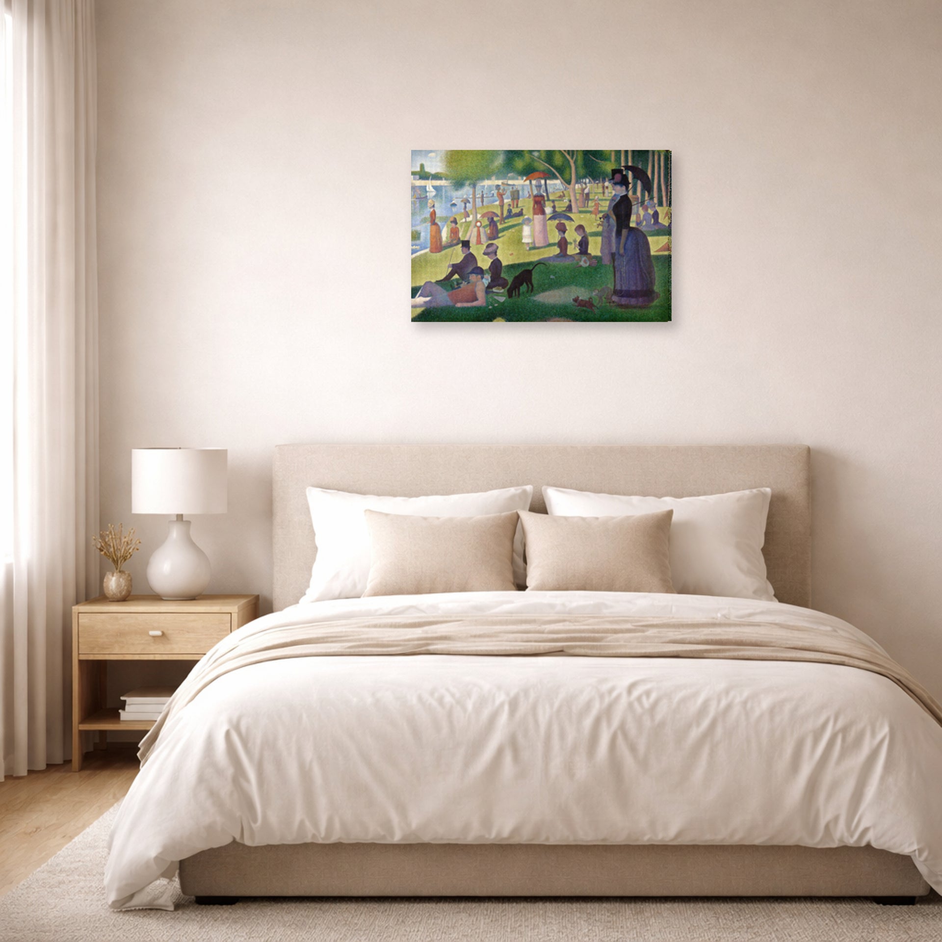 Gallery-wrapped canvas print of Georges Seurat's A Sunday on La Grande Jatte displayed on a wall in a bedroom