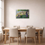 Gallery-wrapped canvas print of Georges Seurat's A Sunday on La Grande Jatte displayed on a wall in a dining room