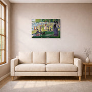 Gallery-wrapped canvas print of Georges Seurat's A Sunday on La Grande Jatte displayed on a wall in a living room