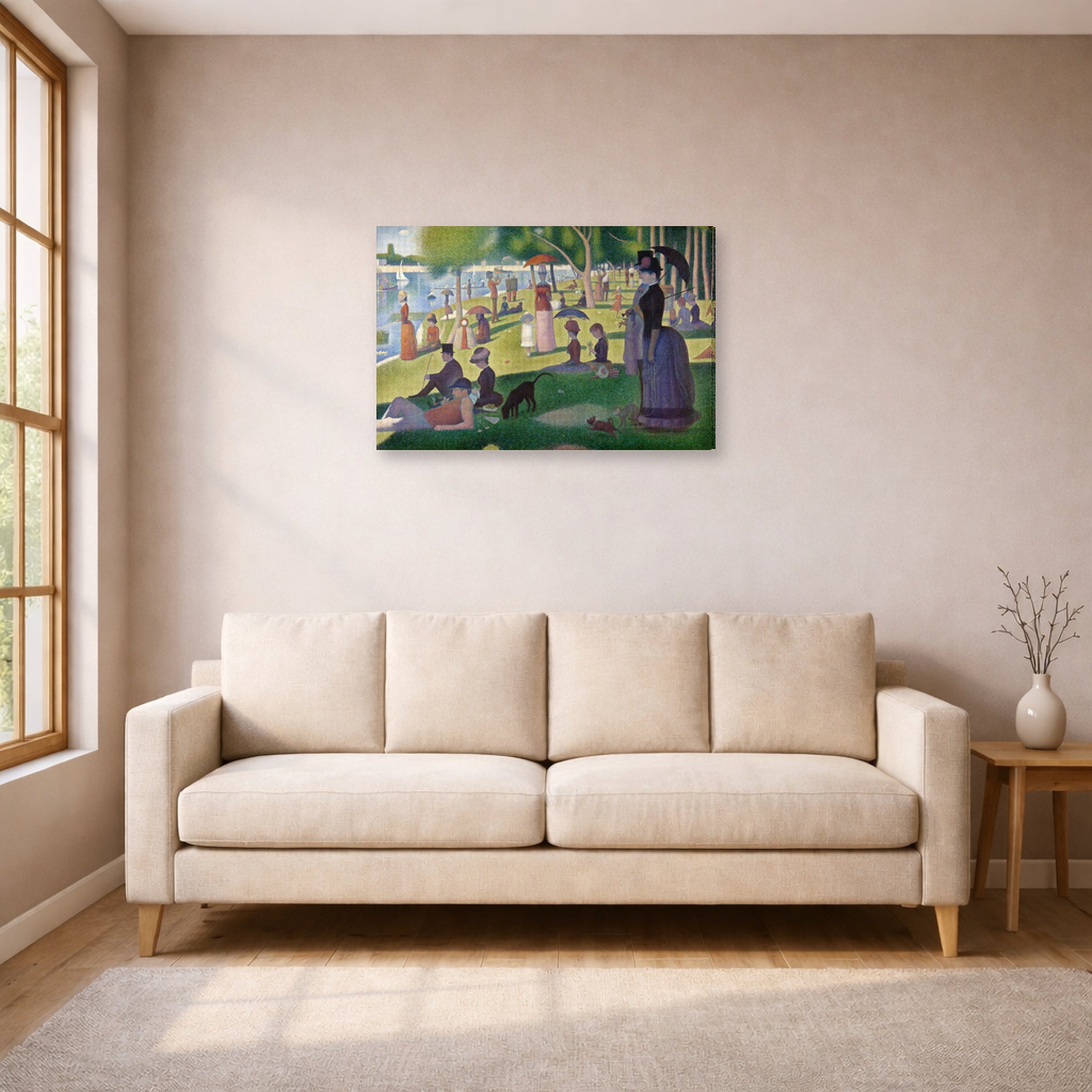 Gallery-wrapped canvas print of Georges Seurat's A Sunday on La Grande Jatte displayed on a wall in a living room