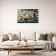Gallery-wrapped canvas print of Georges Seurat's A Sunday on La Grande Jatte displayed on a wall in a living room