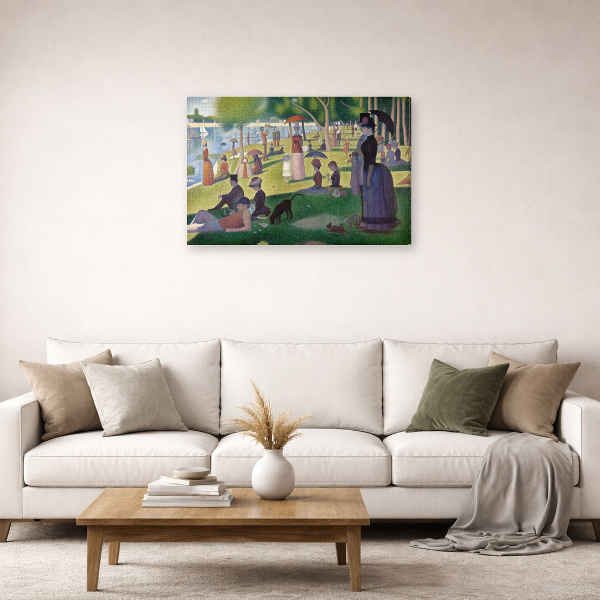 Gallery-wrapped canvas print of Georges Seurat's A Sunday on La Grande Jatte displayed on a wall in a living room