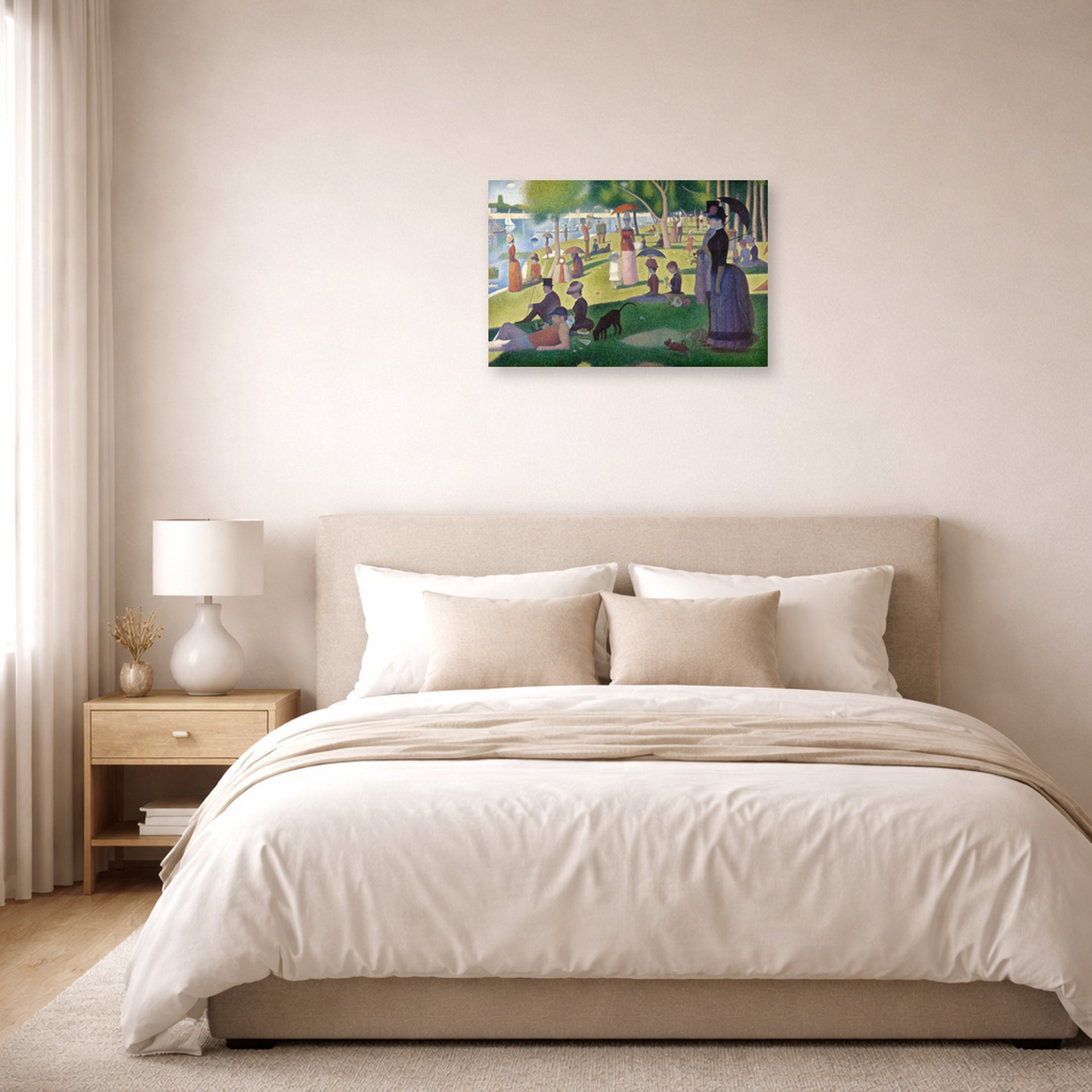 Unframed poster print of Georges Seurat's A Sunday on La Grande Jatte displayed on a wall in a bedroom