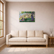 Unframed poster print of Georges Seurat's A Sunday on La Grande Jatte displayed on a wall in a living room