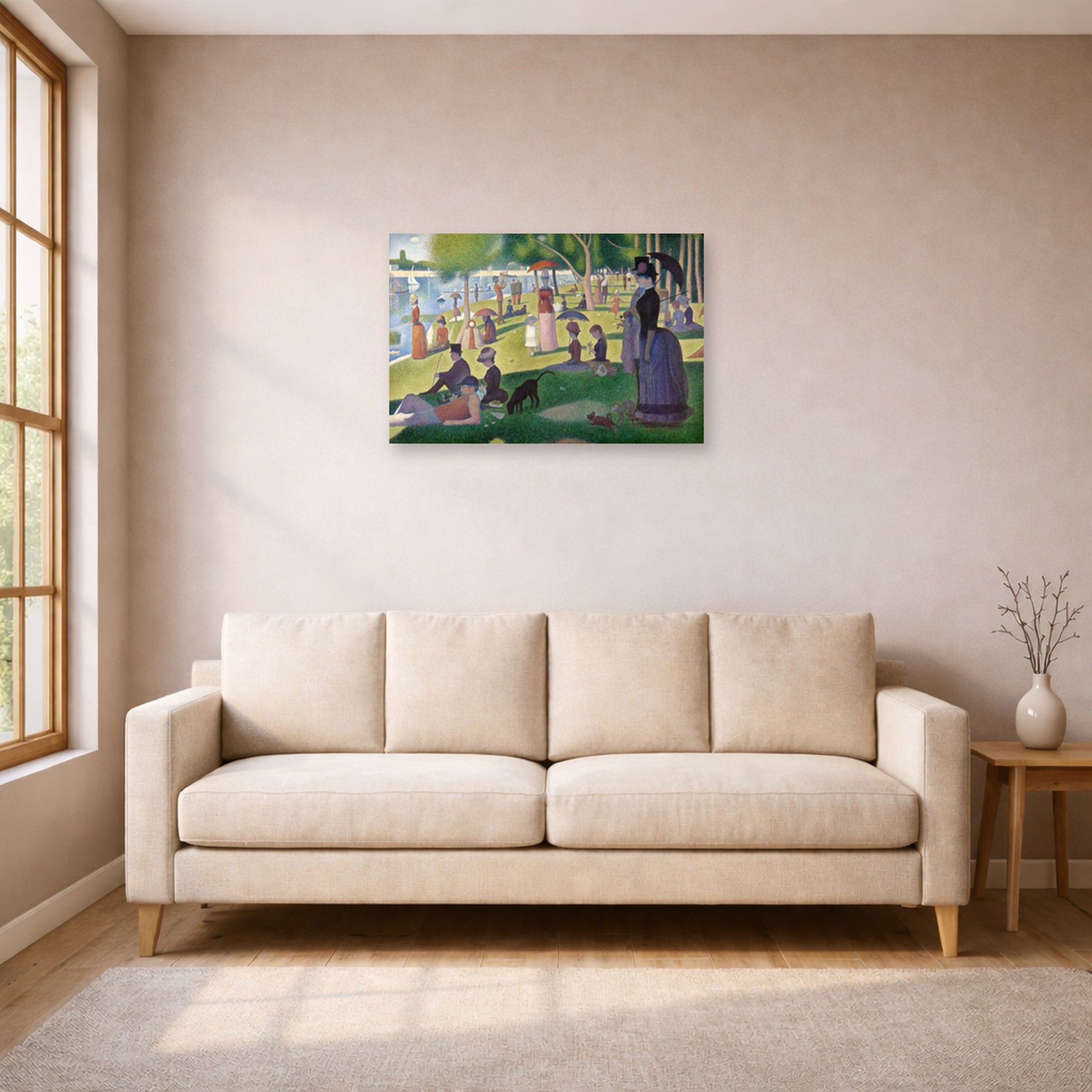 Unframed poster print of Georges Seurat's A Sunday on La Grande Jatte displayed on a wall in a living room