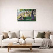 Unframed poster print of Georges Seurat's A Sunday on La Grande Jatte displayed on a wall in a living room