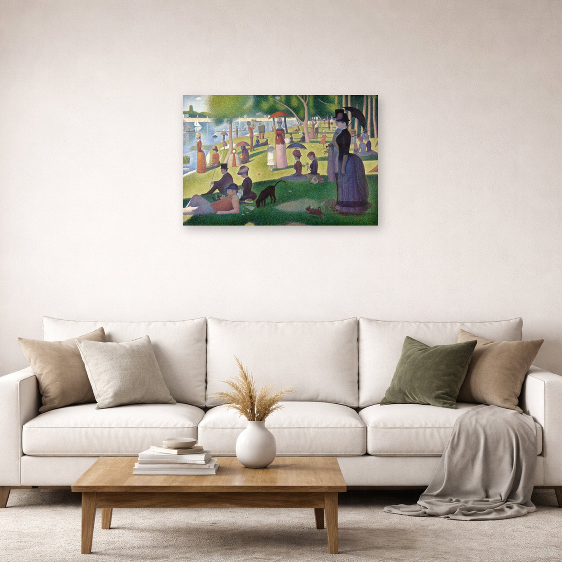 Unframed poster print of Georges Seurat's A Sunday on La Grande Jatte displayed on a wall in a living room