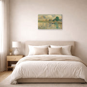 Gallery-wrapped canvas print of Georges Seurat's Barge on the Seine displayed on a wall in a bedroom