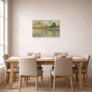 Gallery-wrapped canvas print of Georges Seurat's Barge on the Seine displayed on a wall in a dining room
