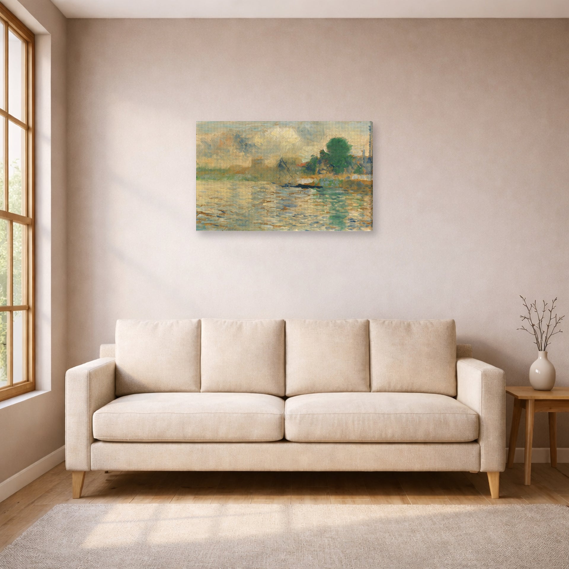 Gallery-wrapped canvas print of Georges Seurat's Barge on the Seine displayed on a wall in a living room