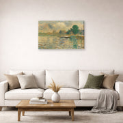 Gallery-wrapped canvas print of Georges Seurat's Barge on the Seine displayed on a wall in a living room