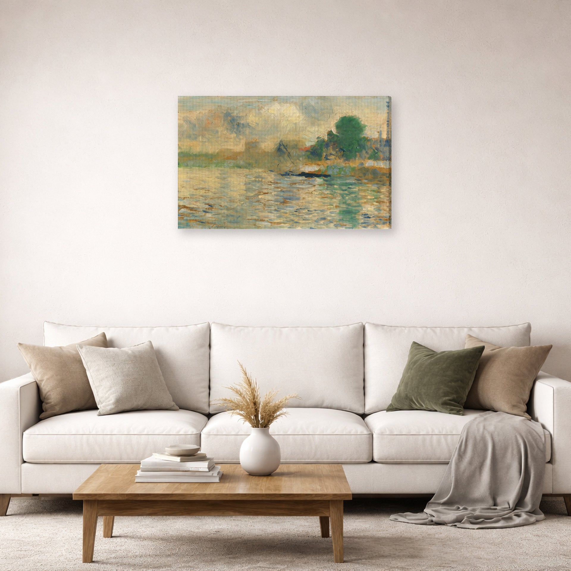 Gallery-wrapped canvas print of Georges Seurat's Barge on the Seine displayed on a wall in a living room