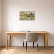 Gallery-wrapped canvas print of Georges Seurat's Barge on the Seine displayed on a wall in a office