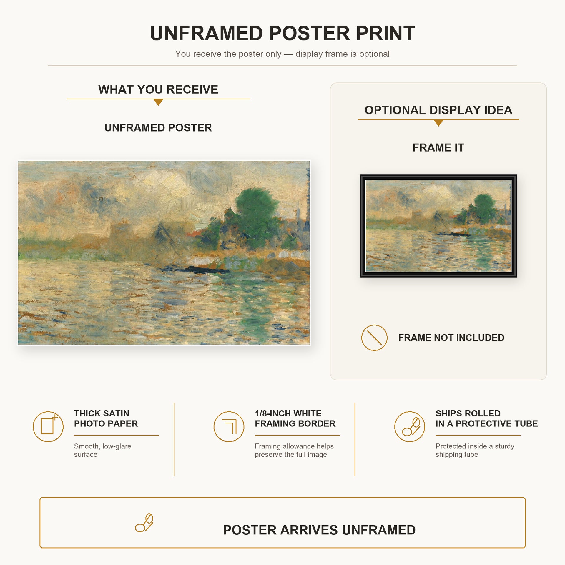 Georges Seurat - Barge on the Seine poster print size comparison and framing display infographic