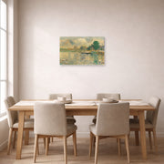 Unframed poster print of Georges Seurat's Barge on the Seine displayed on a wall in a dining room