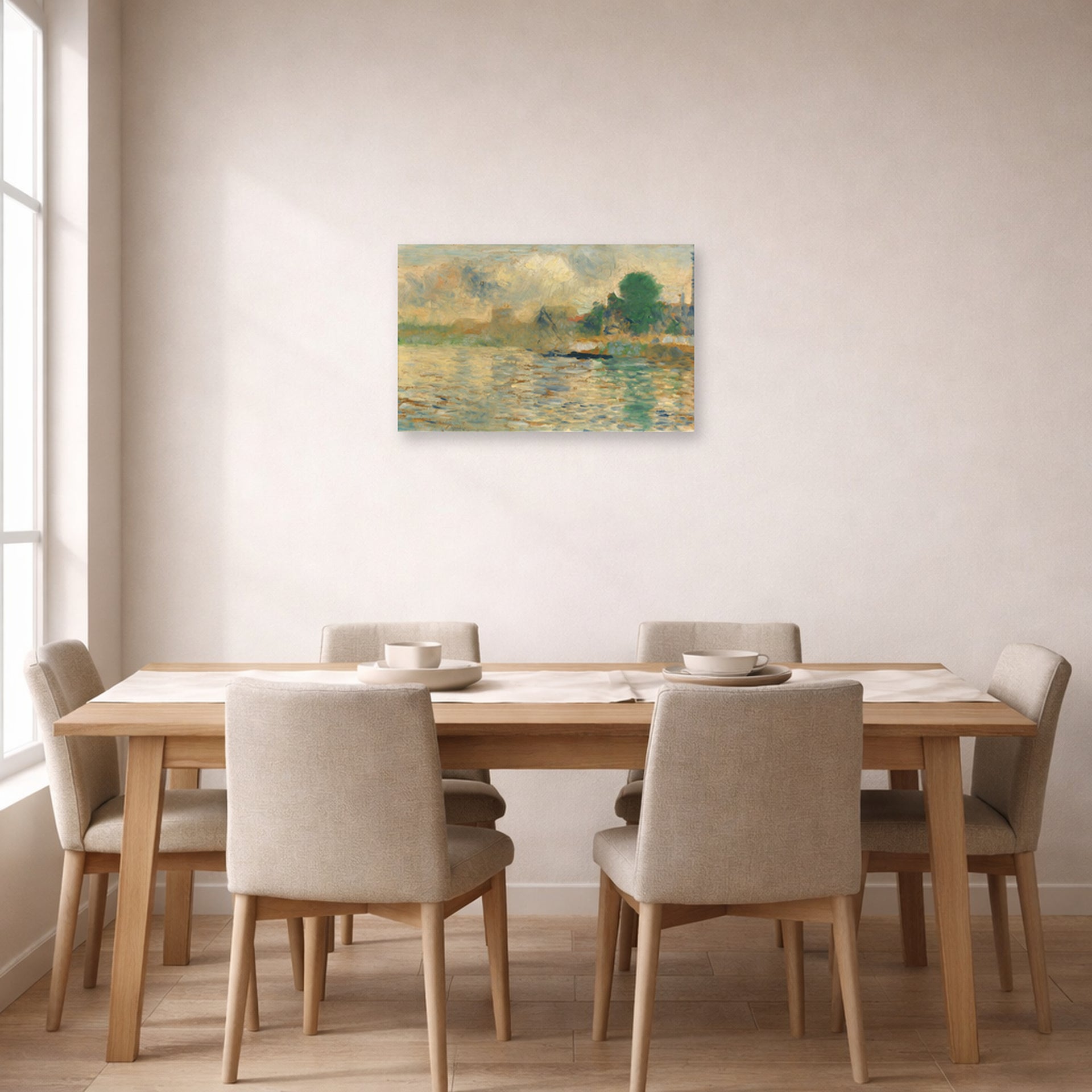 Unframed poster print of Georges Seurat's Barge on the Seine displayed on a wall in a dining room