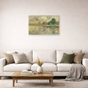 Unframed poster print of Georges Seurat's Barge on the Seine displayed on a wall in a living room