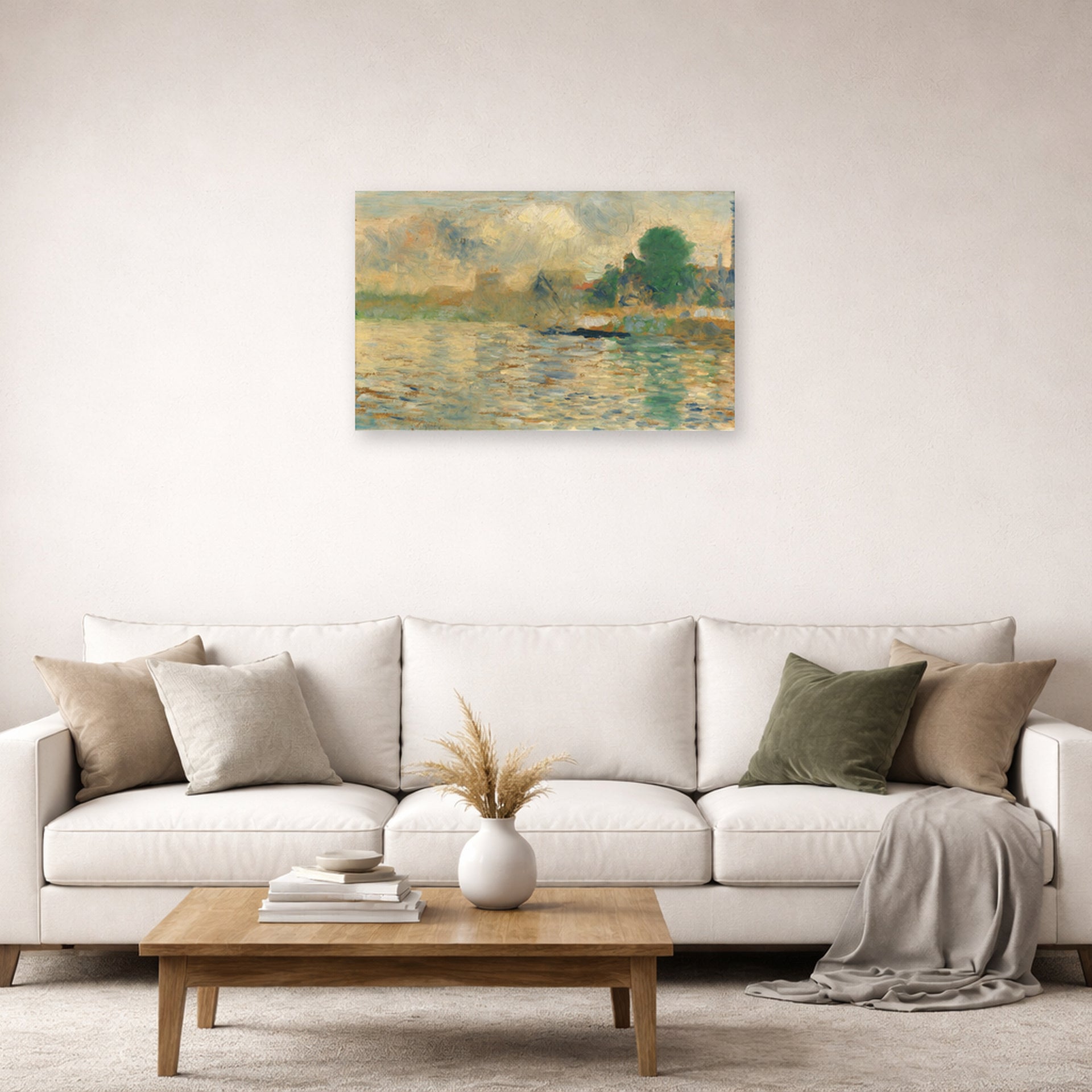 Unframed poster print of Georges Seurat's Barge on the Seine displayed on a wall in a living room