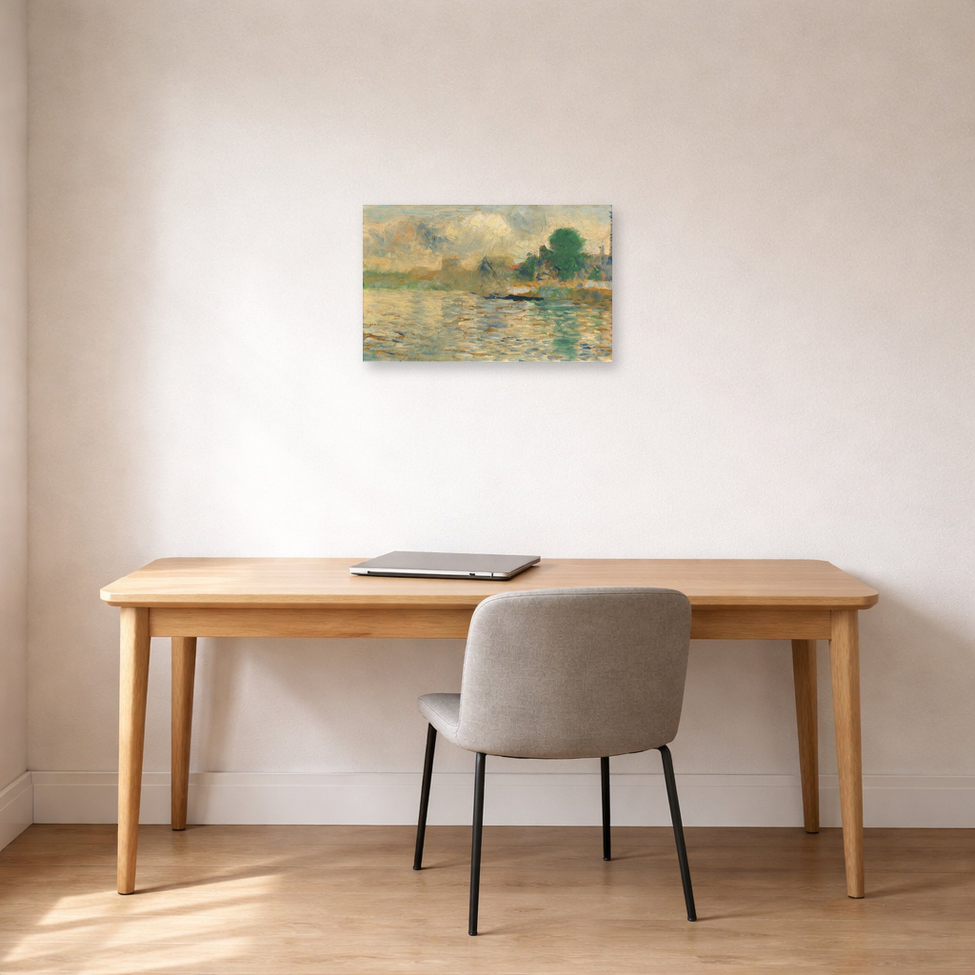 Unframed poster print of Georges Seurat's Barge on the Seine displayed on a wall in a office
