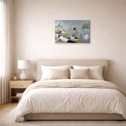 Gallery-wrapped canvas print of Georges Seurat's Bathers displayed on a wall in a bedroom