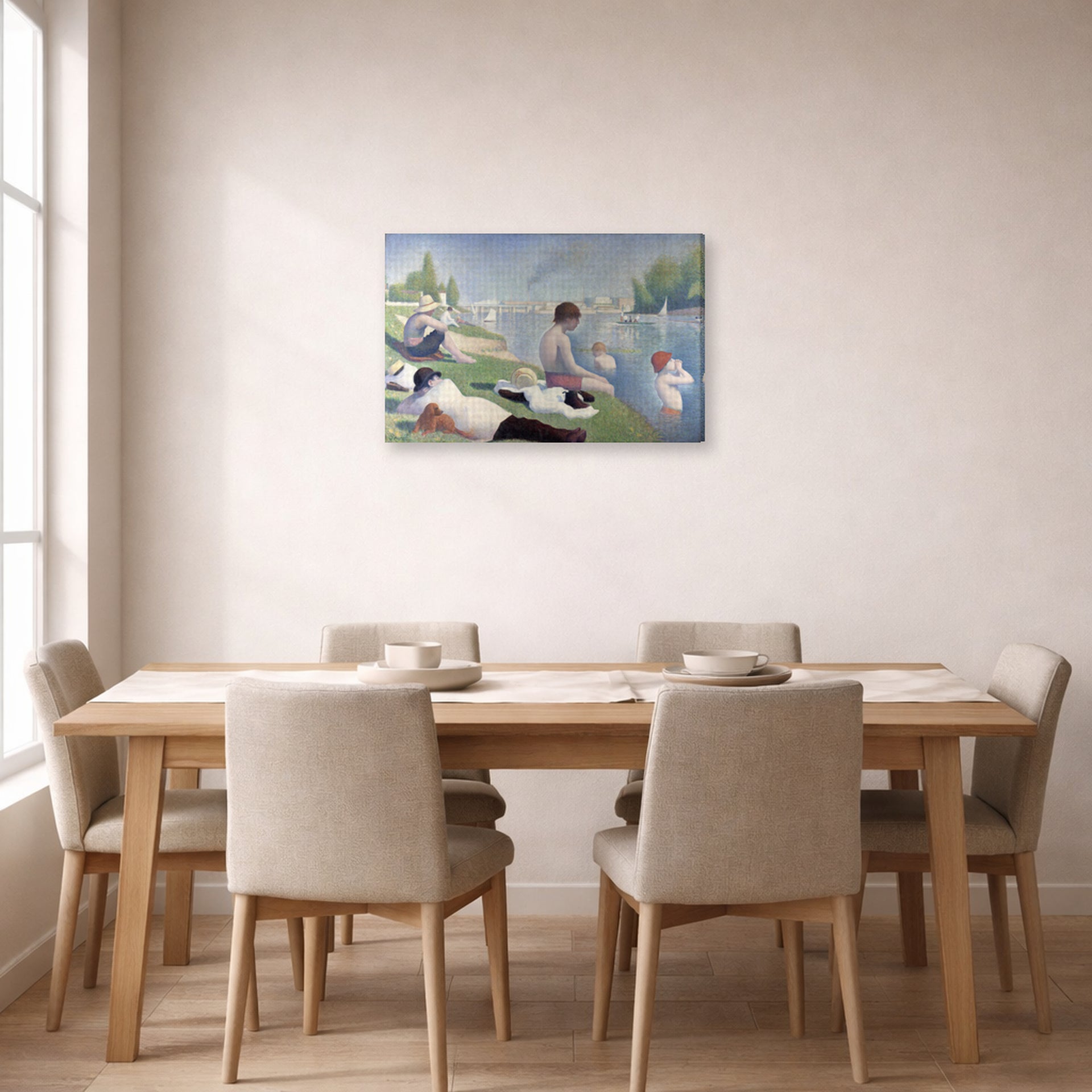 Gallery-wrapped canvas print of Georges Seurat's Bathers displayed on a wall in a dining room