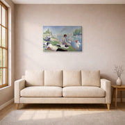 Gallery-wrapped canvas print of Georges Seurat's Bathers displayed on a wall in a living room