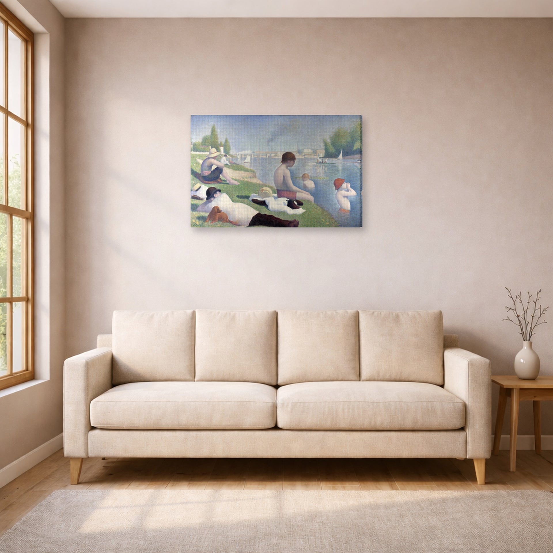 Gallery-wrapped canvas print of Georges Seurat's Bathers displayed on a wall in a living room