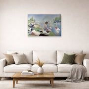 Gallery-wrapped canvas print of Georges Seurat's Bathers displayed on a wall in a living room