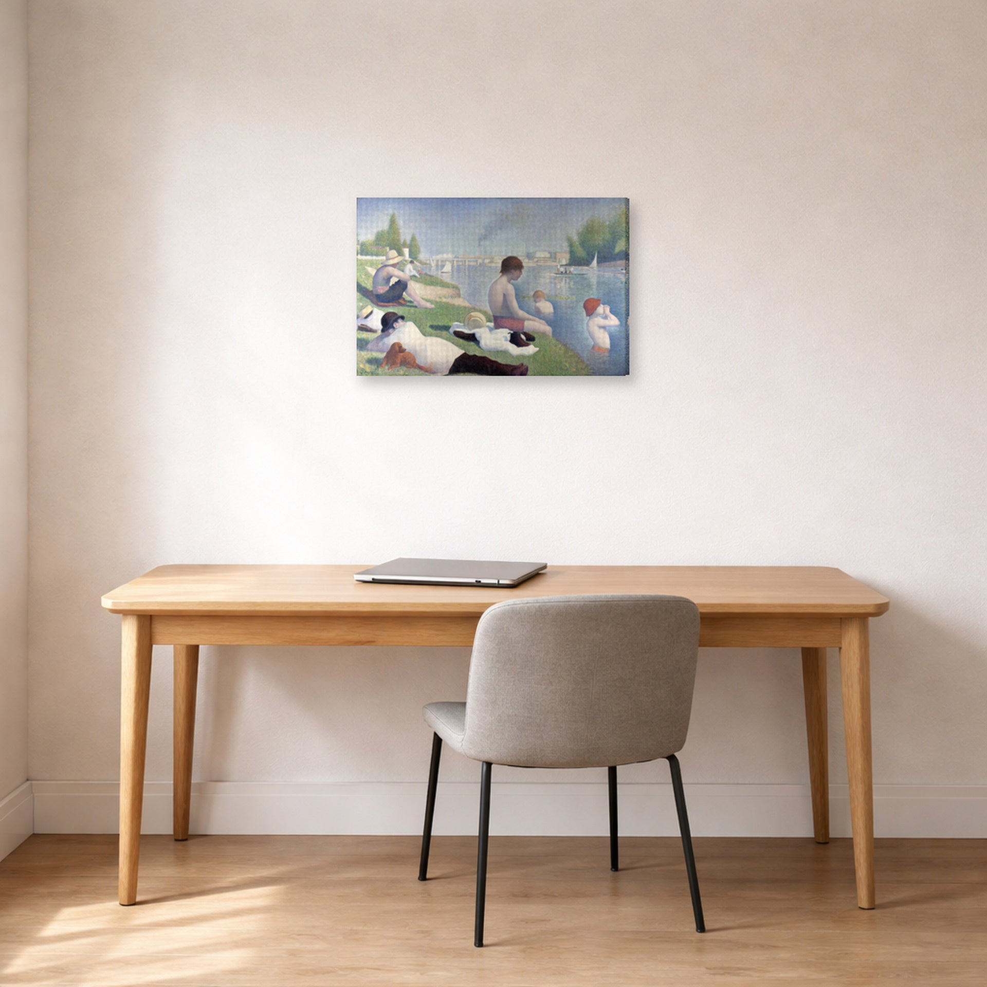 Gallery-wrapped canvas print of Georges Seurat's Bathers displayed on a wall in a office