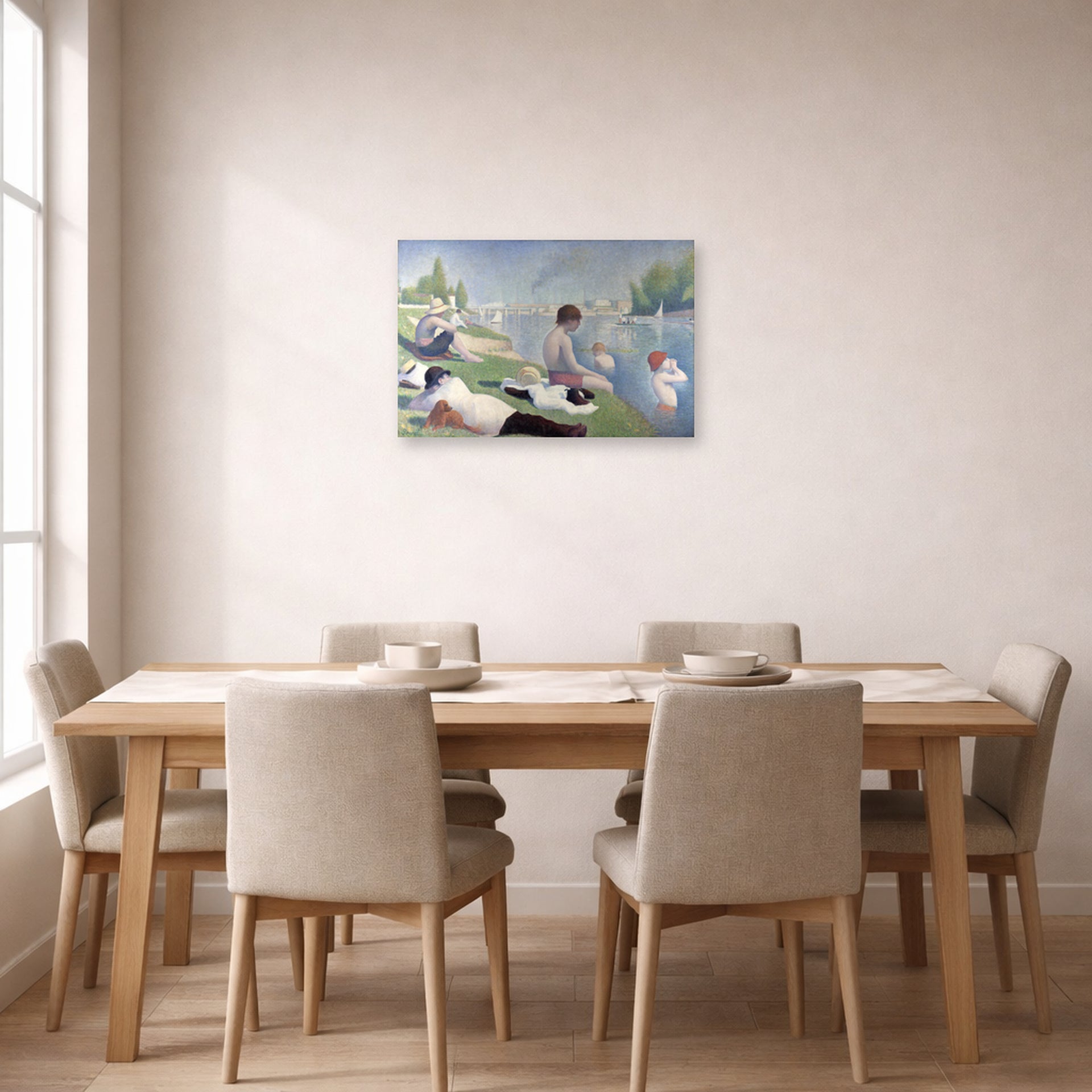Unframed poster print of Georges Seurat's Bathers displayed on a wall in a dining room