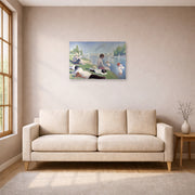Unframed poster print of Georges Seurat's Bathers displayed on a wall in a living room