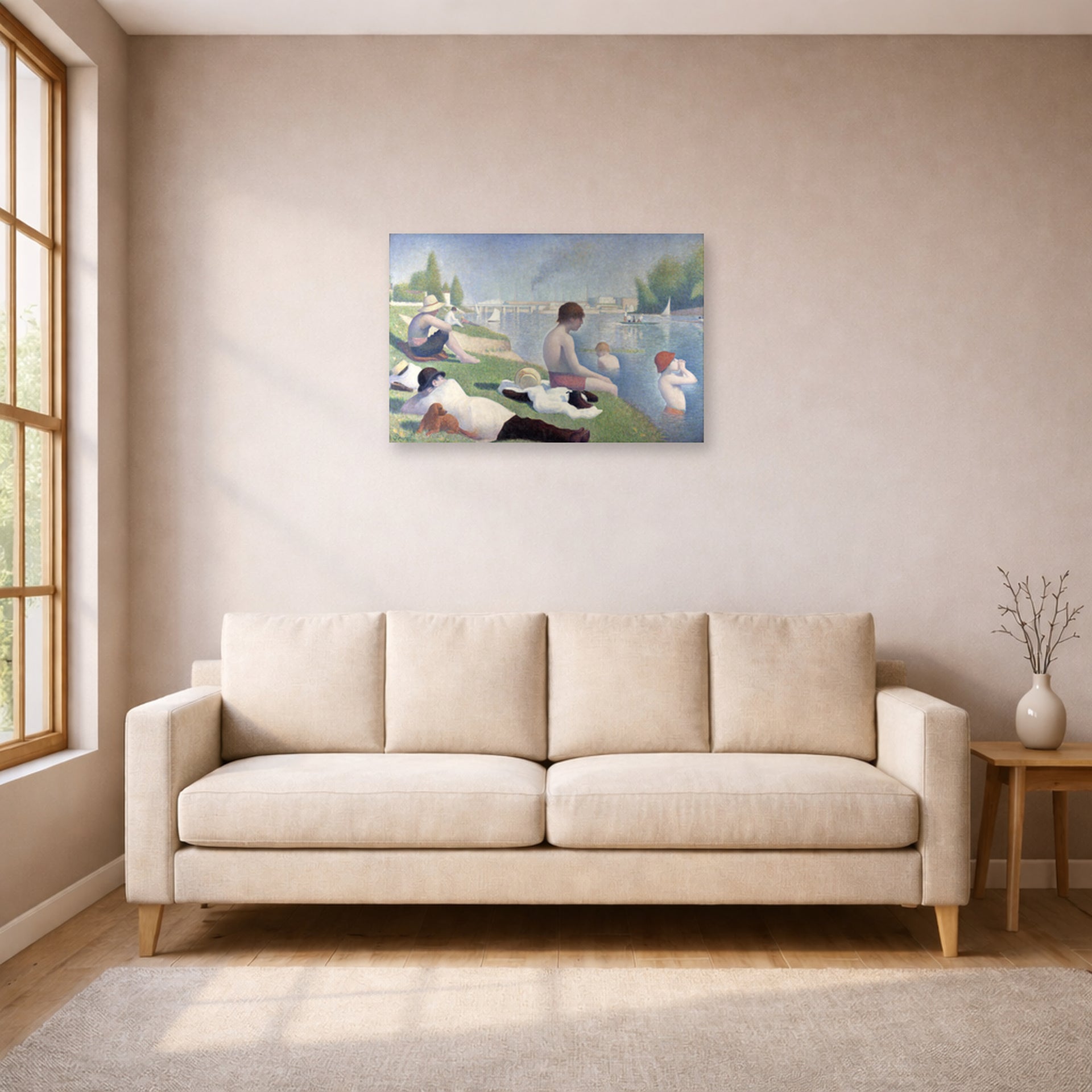 Unframed poster print of Georges Seurat's Bathers displayed on a wall in a living room