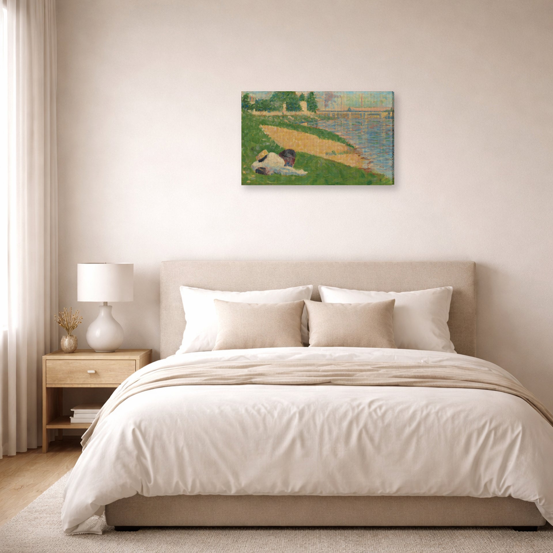 Gallery-wrapped canvas print of Georges Seurat's Cadet From Saint Cyr displayed on a wall in a bedroom