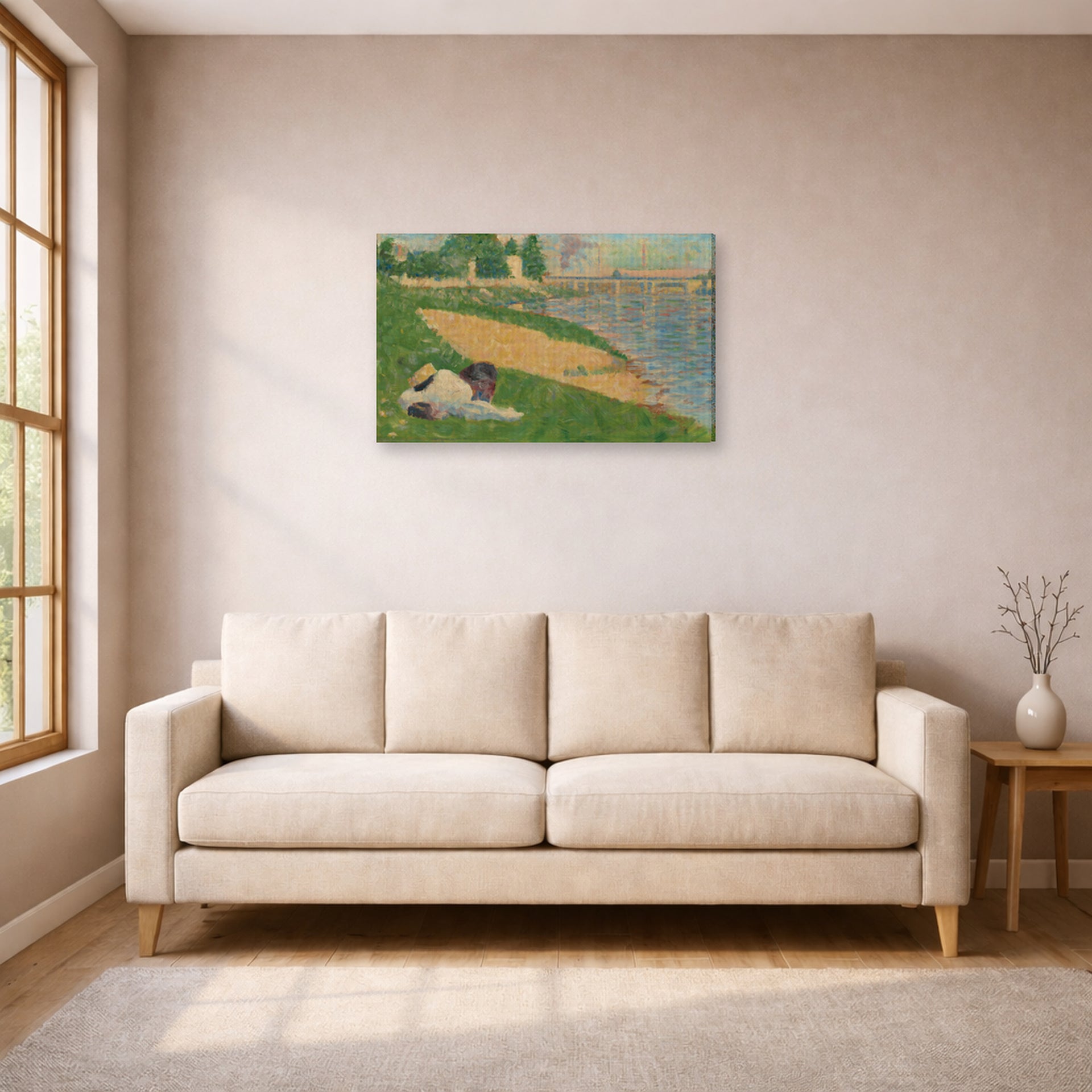 Gallery-wrapped canvas print of Georges Seurat's Cadet From Saint Cyr displayed on a wall in a living room