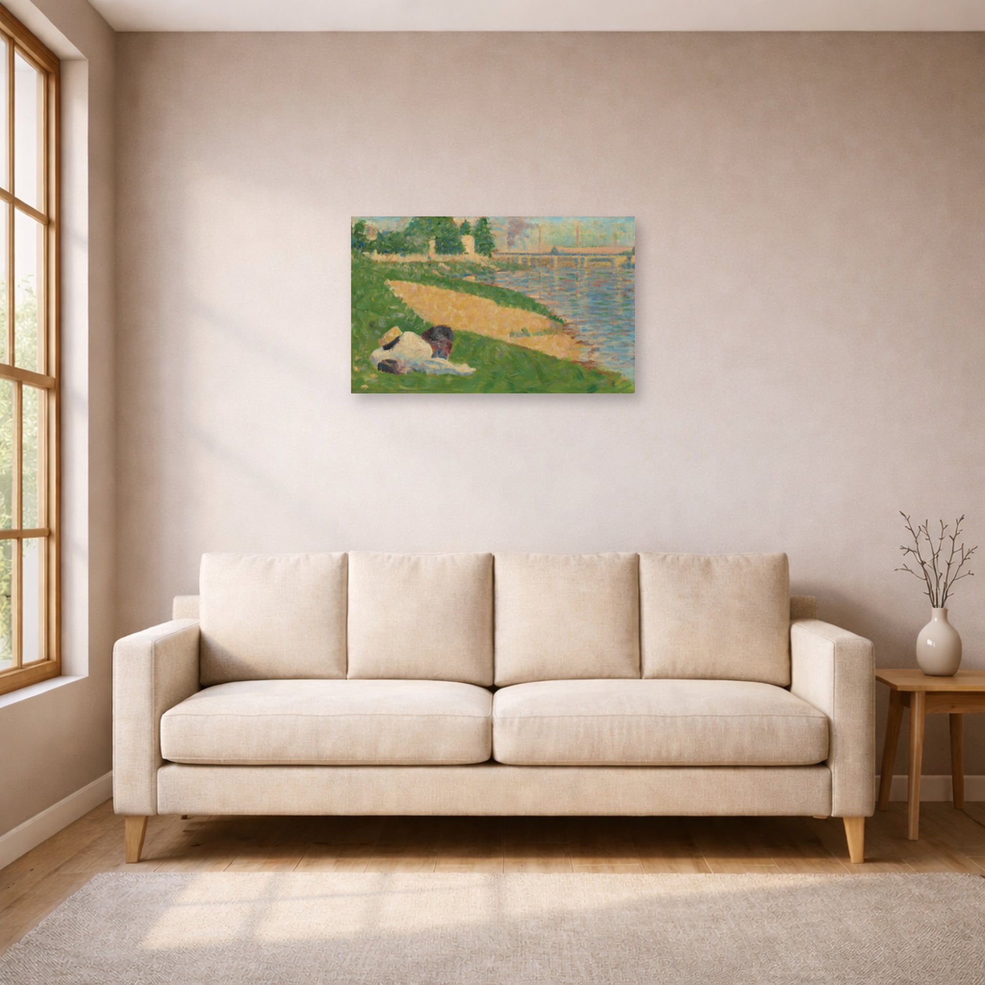 Unframed poster print of Georges Seurat's Cadet From Saint Cyr displayed on a wall in a living room