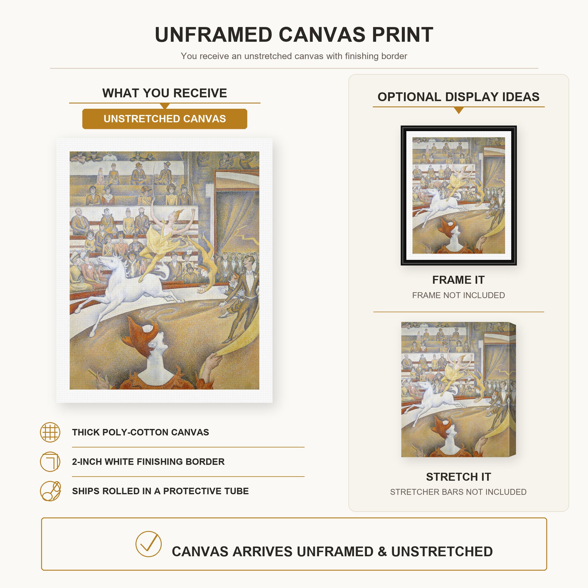 Georges Seurat - Circus canvas print size comparison and framing display infographic