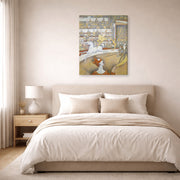 Gallery-wrapped canvas print of Georges Seurat's Circus displayed on a wall in a bedroom