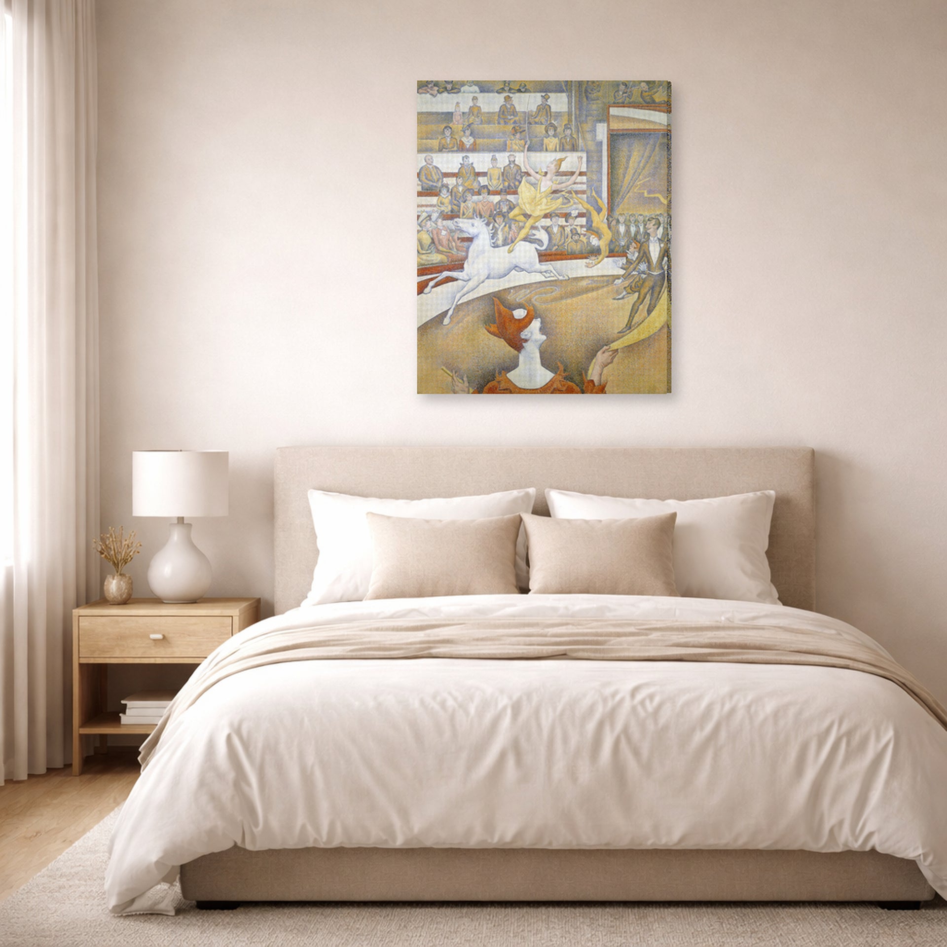 Gallery-wrapped canvas print of Georges Seurat's Circus displayed on a wall in a bedroom