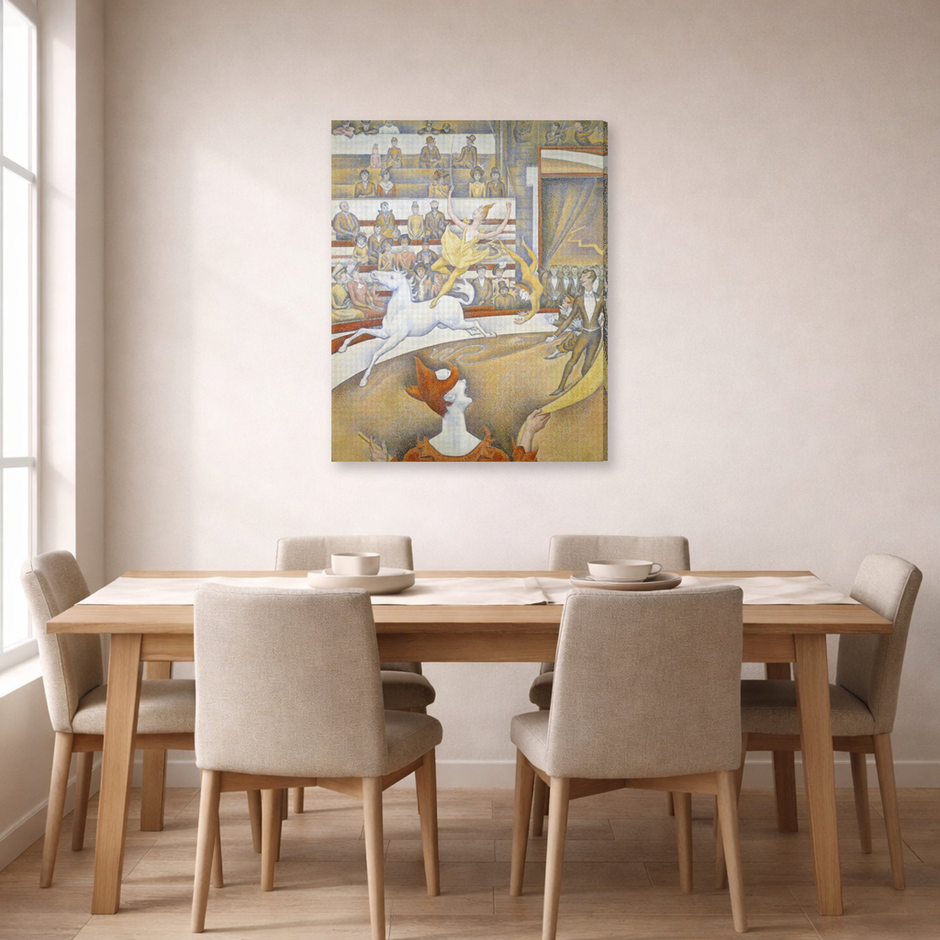Gallery-wrapped canvas print of Georges Seurat's Circus displayed on a wall in a dining room