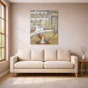 Gallery-wrapped canvas print of Georges Seurat's Circus displayed on a wall in a living room